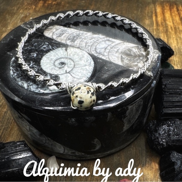 Dalmatian jasper beaded chunky silver statement cuff bangle bracelet - Picture 1 of 7